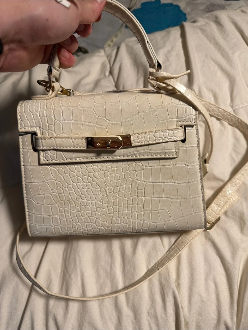 Cream Croc-Embossed Top Handle Bag with Gold Hardware